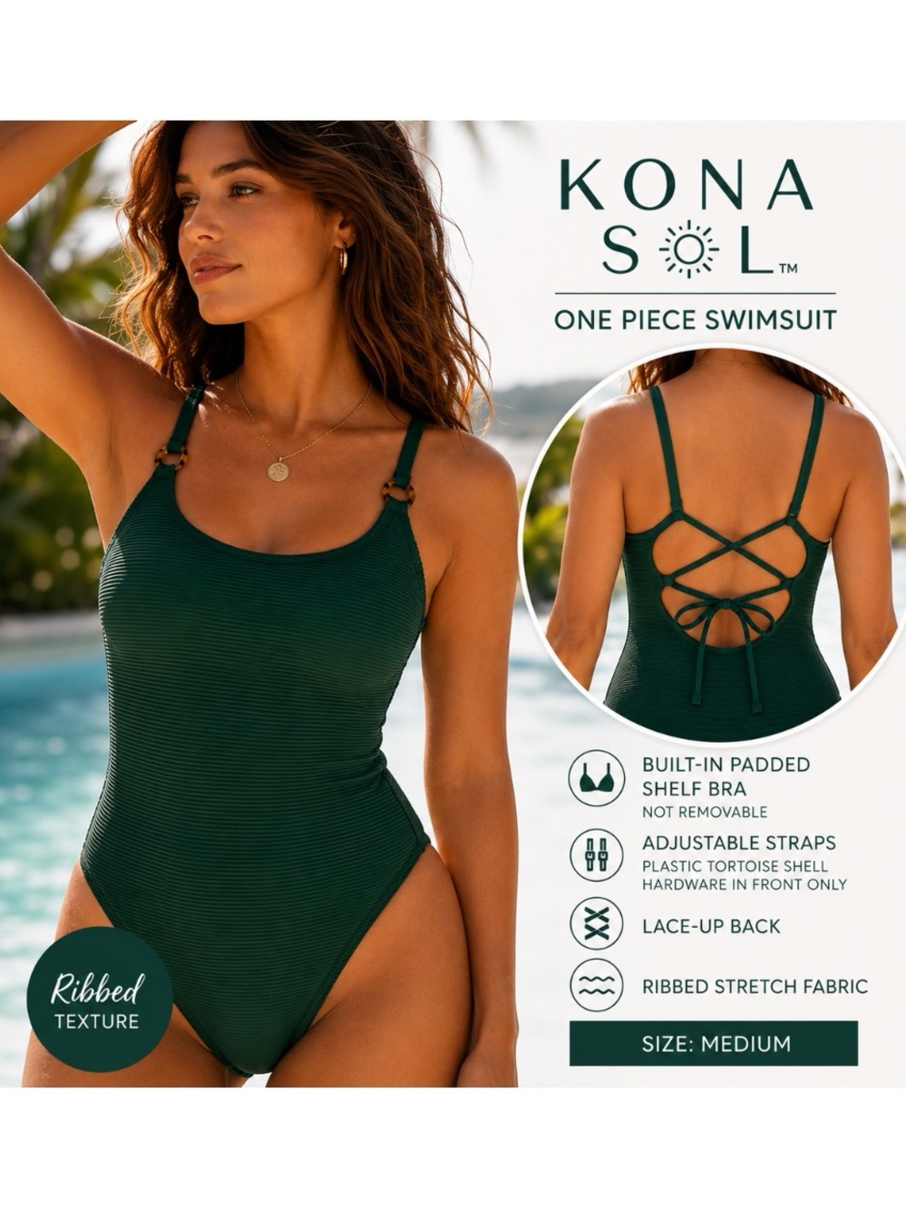 Kona Sol Ribbed, Lace-Up Back, One Piece Swimsuit, Green, Size M